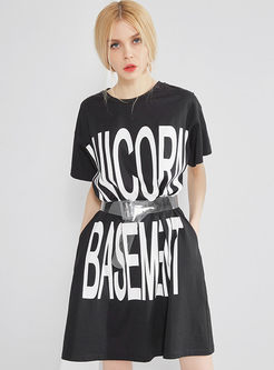 Trendy Letter Print Belted Slim T-shirt Dress