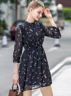 Chic Three Quarters Sleeve Floral Belted Dress