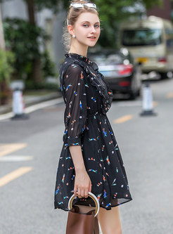 Chic Three Quarters Sleeve Floral Belted Dress