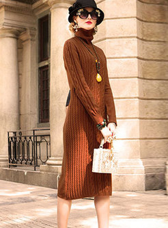 High Neck Monochrome Slim Knitted Dress