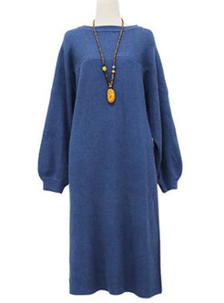 Plus Size Lantern Sleeve Knitted Dress With Slit