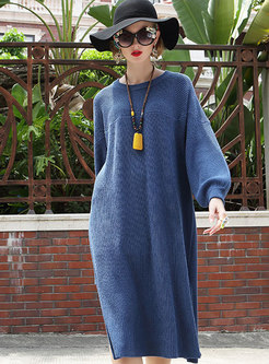 Plus Size Lantern Sleeve Knitted Dress With Slit