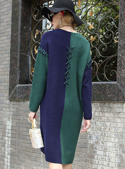 Trendy Contrast-color V-neck Knitted Shift Dress