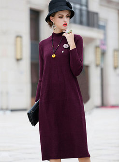 Elegant Wool Long Sleeve Knitted Plus Size Dress