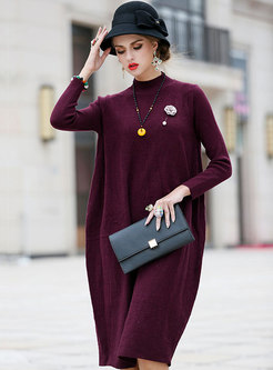 Elegant Wool Long Sleeve Knitted Plus Size Dress