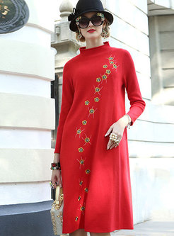 Fashion Embroidered Stand Collar Knitting Dress