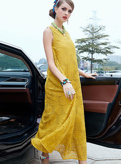 Stylish Yellow Lace-paneled Hollow Out Dress