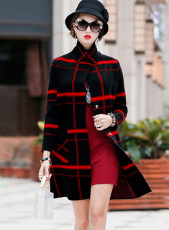 Trendy Turn-down Collar Plaid Slim Knitted Coat