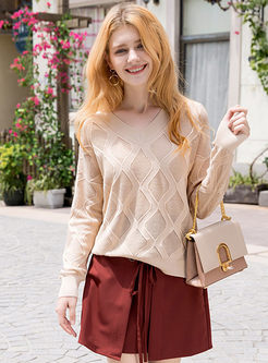 Trendy Pure Color V-neck Hollow Out Asymmetric Sweater