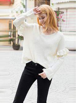 Stylish Flare Sleeve V-neck Loose Sweater