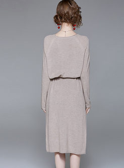Pure Color O-neck Gathered Waist Slim Knitted Dress