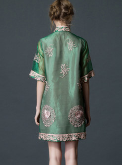 Vintage Standing Collar Embroidered Shift Dress