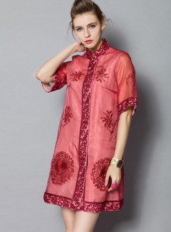 Ethnic Mesh Half Sleeve Zip-up Dress