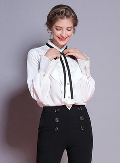Single-breasted Stand Collar Flare Sleeve Bowknot Falbala Blouse