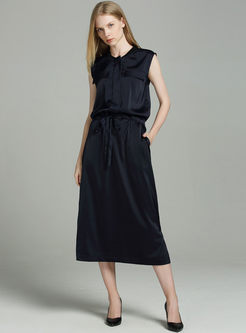 Brief Pure Color Sleeveless Tied Pocket Dress
