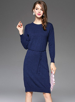 Solid Color Wool O-neck Knitted Sheath Dress
