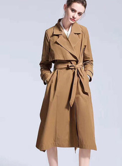 Trendy Notched Tie-waist Slit Trendy Coat