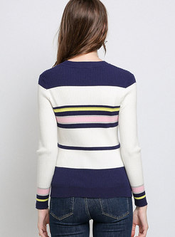 Sexy Crew-neck Multi-striped Knitted Sweater