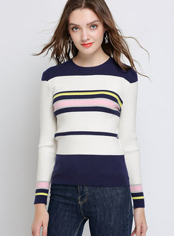 Sexy Crew-neck Multi-striped Knitted Sweater