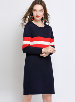 O-neck Stereoscopic Multi-striped Skater Knitted Dress