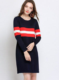 O-neck Stereoscopic Multi-striped Skater Knitted Dress