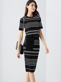 Short Sleeve Slim Striped Two Piece Outfits