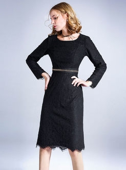 Elegant Lace Splicing Long Sleeve Slim Asymmetric Dress