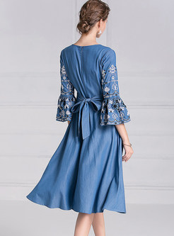 Blue Flare Sleeve Tie-waist A Line Dress