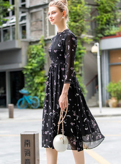 Vintage Black Floral Two-layer Midi Dress