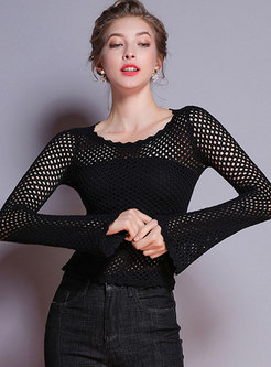 Fashion Flare Sleeve Semi-sheer Guipure Solid Top