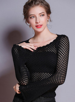 Fashion Flare Sleeve Semi-sheer Guipure Solid Top