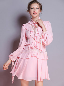 Fashionable Stand Collar Falbala Lace-paneled Dress