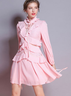 Fashionable Stand Collar Falbala Lace-paneled Dress
