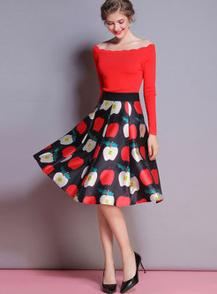 Slash Neck Knitted Top & Apple Pattern Printed Skirt