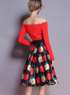 Slash Neck Knitted Top & Apple Pattern Printed Skirt