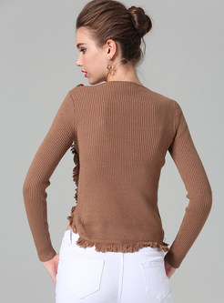 Solid Color Slash Neck Tassel Slim Knitted Sweater