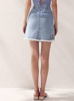 Denim Single-breasted Embroidered Tassel Patch Slim Skirt