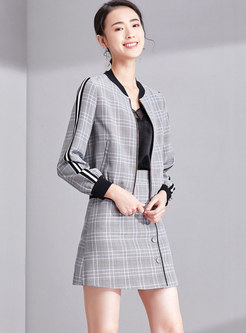 Casual Long Sleeve Zip-up Coat & Grid Buttoned Skirt