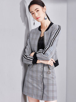 Casual Long Sleeve Zip-up Coat & Grid Buttoned Skirt