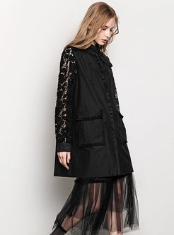 Loose Lace Splicing Hollow Out Pocket Trench Coat