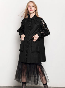 Loose Lace Splicing Hollow Out Pocket Trench Coat