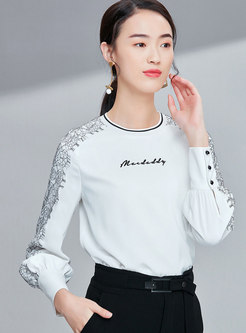 Brief O-neck Embroidered Lace-paneled Top