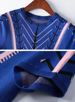 Color-blocked Short Sleeve Gathered Waist Slim Knitted Dress