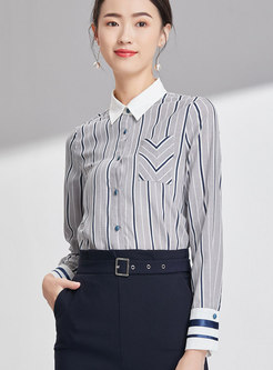 Trendy OL Color-block Striped Single-breasted Blouse