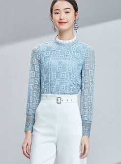 Blue Stand Collar Lace-paneled Hollow Out Blouse