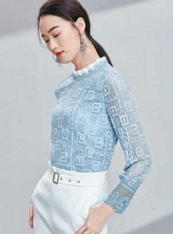 Blue Stand Collar Lace-paneled Hollow Out Blouse
