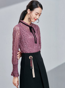 Fashion Stand Collar Flare Sleeve Lace Blouse