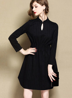 Vintage Black Stand Collar Striped Dress With Keyhole