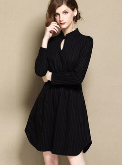 Vintage Black Stand Collar Striped Dress With Keyhole