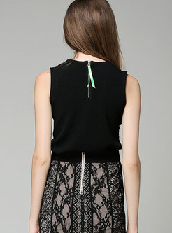 Stylish Sleeveless Embroidered Zipper-back Top